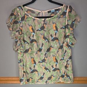 Multicolor Sheer Blouse with Birds & Leaves Print